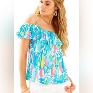 Lilly Pulitzer Women Tamiami Off-the-Shoulder Top Medium Ruffle EUC Resortwear